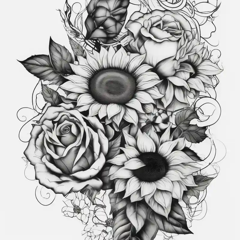 sunflower and roses floral sleeve tattoo half sleeve tattoos for men – Surrealista, Blanco y negro